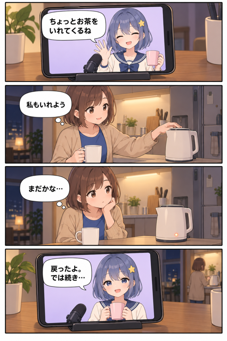 第1ページ。VTuberがお茶休憩を告げ、茶色ボブのリスナーもケトルでお湯を沸かす。まだ沸かないうちに、画面のVTuberがピンクのマグを持って戻ってくる。