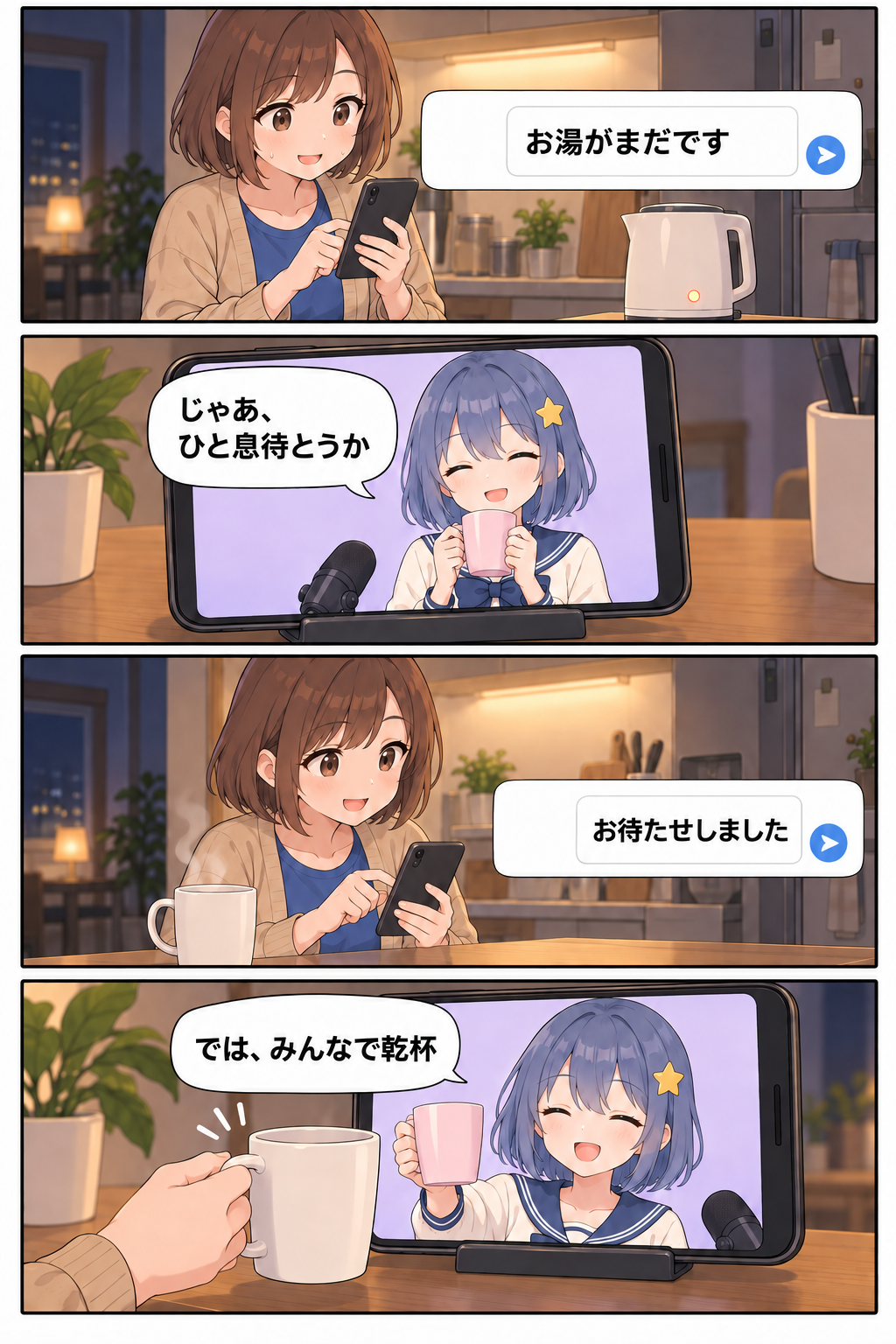 第2ページ。リスナーが「お湯がまだです」とコメントすると、VTuberは笑顔で少し待つ。お茶ができたリスナーが知らせ、白いマグと画面内のピンクのマグで乾杯する。