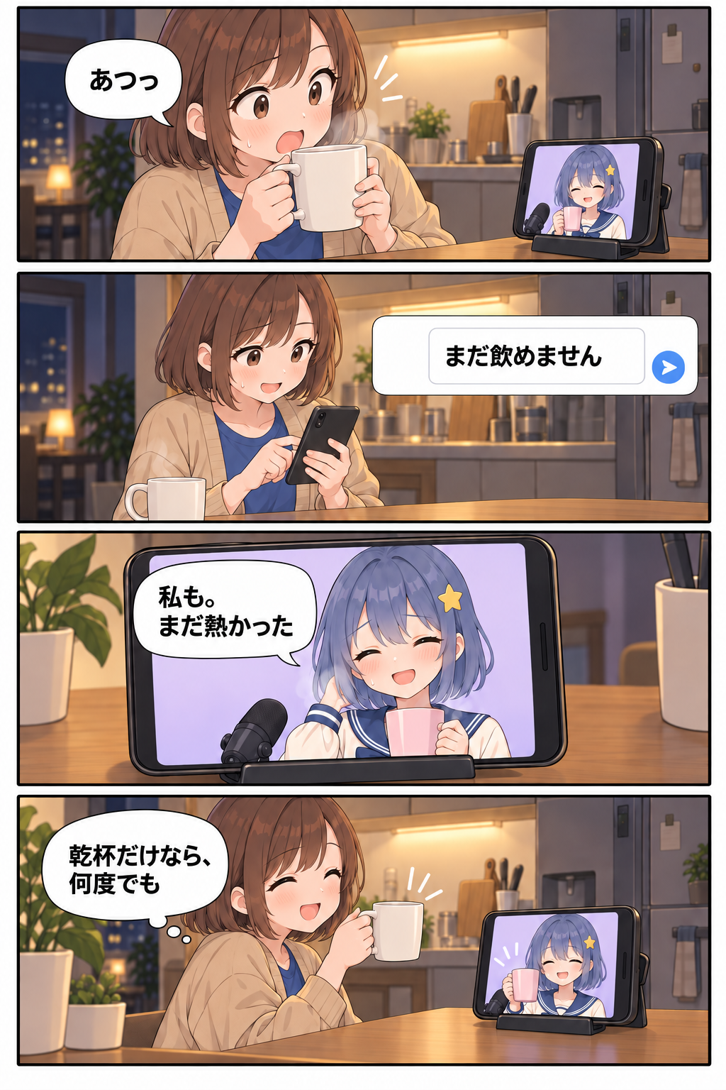 第3ページ。お茶の熱さに驚いたリスナーが「まだ飲めません」とコメント。VTuberもまだ熱かったと照れ笑いする。リスナーは「乾杯だけなら、何度でも」と思い、二人は笑顔で再びマグを掲げる。
