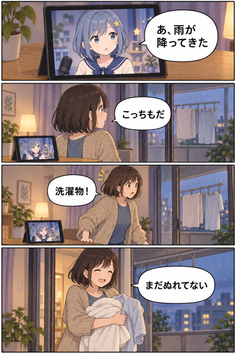 縦4コマ。画面内のVTuberが雨に気づく。茶色ボブの女性リスナーも窓の外を見て、干していた洗濯物を思い出す。ベランダから乾いたタオルとシャツを取りこみ、ほっと笑う。