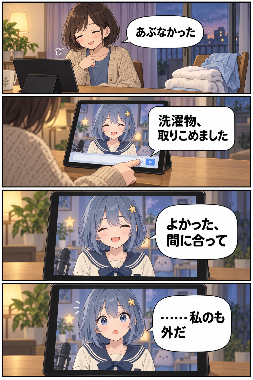 縦4コマ。洗濯物を取りこんだリスナーが席に戻り、「洗濯物、取りこめました」とコメントを送る。VTuberは喜ぶが、直後に自分の洗濯物も外に干したままだと思い出し、目を丸くする。