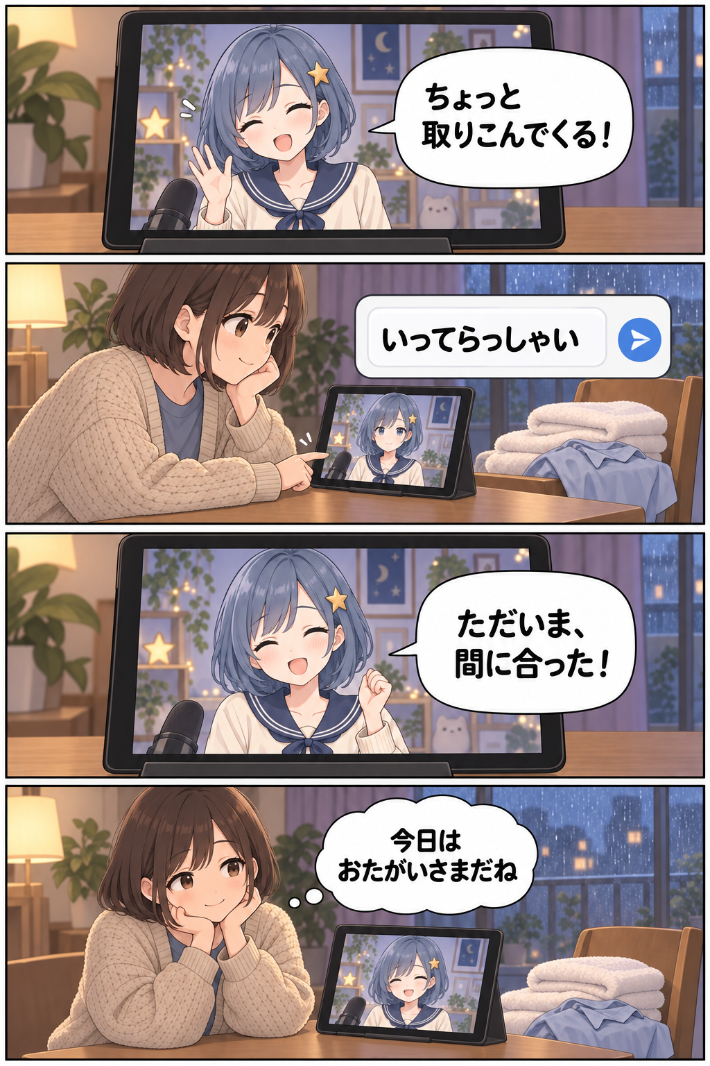 縦4コマ。VTuberが洗濯物を取りこむために離席し、リスナーが「いってらっしゃい」と送信する。間に合ったと笑顔で戻るVTuberを見て、リスナーは乾いた洗濯物のそばで「今日はおたがいさまだね」と思う。