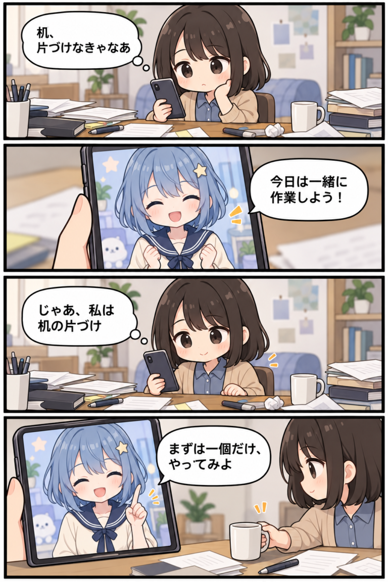 片づけをためらうリスナーが、作業配信をきっかけに一個だけ動かしてみる4コマ漫画