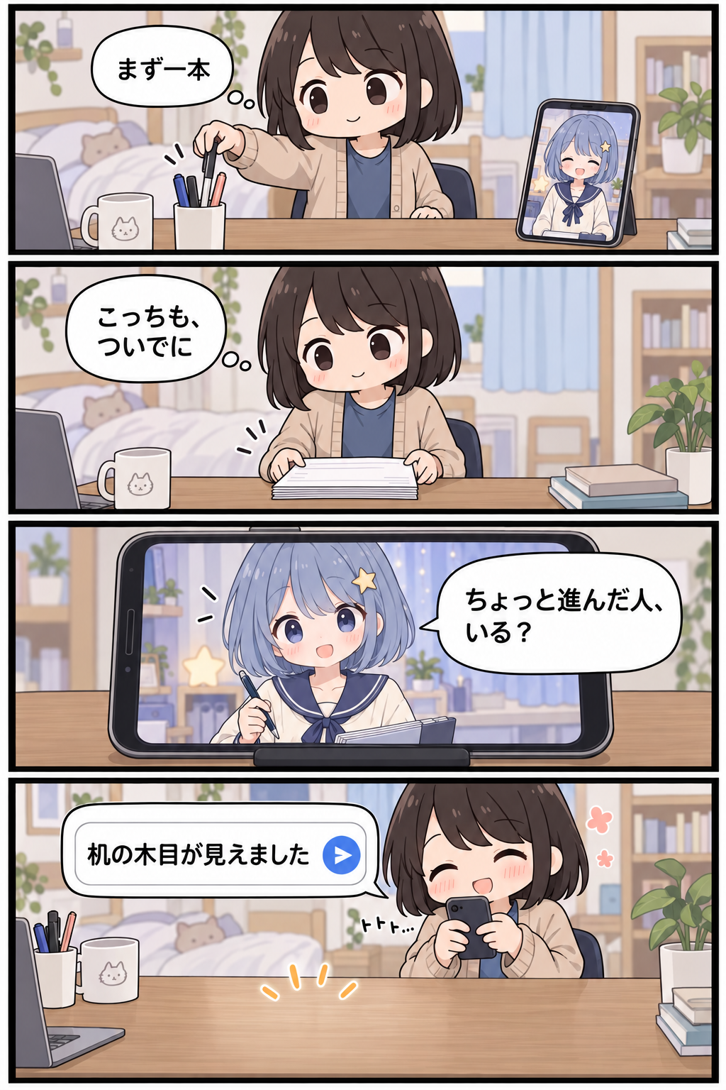 ペンと紙を片づけたリスナーが「机の木目が見えました」とコメントする4コマ漫画