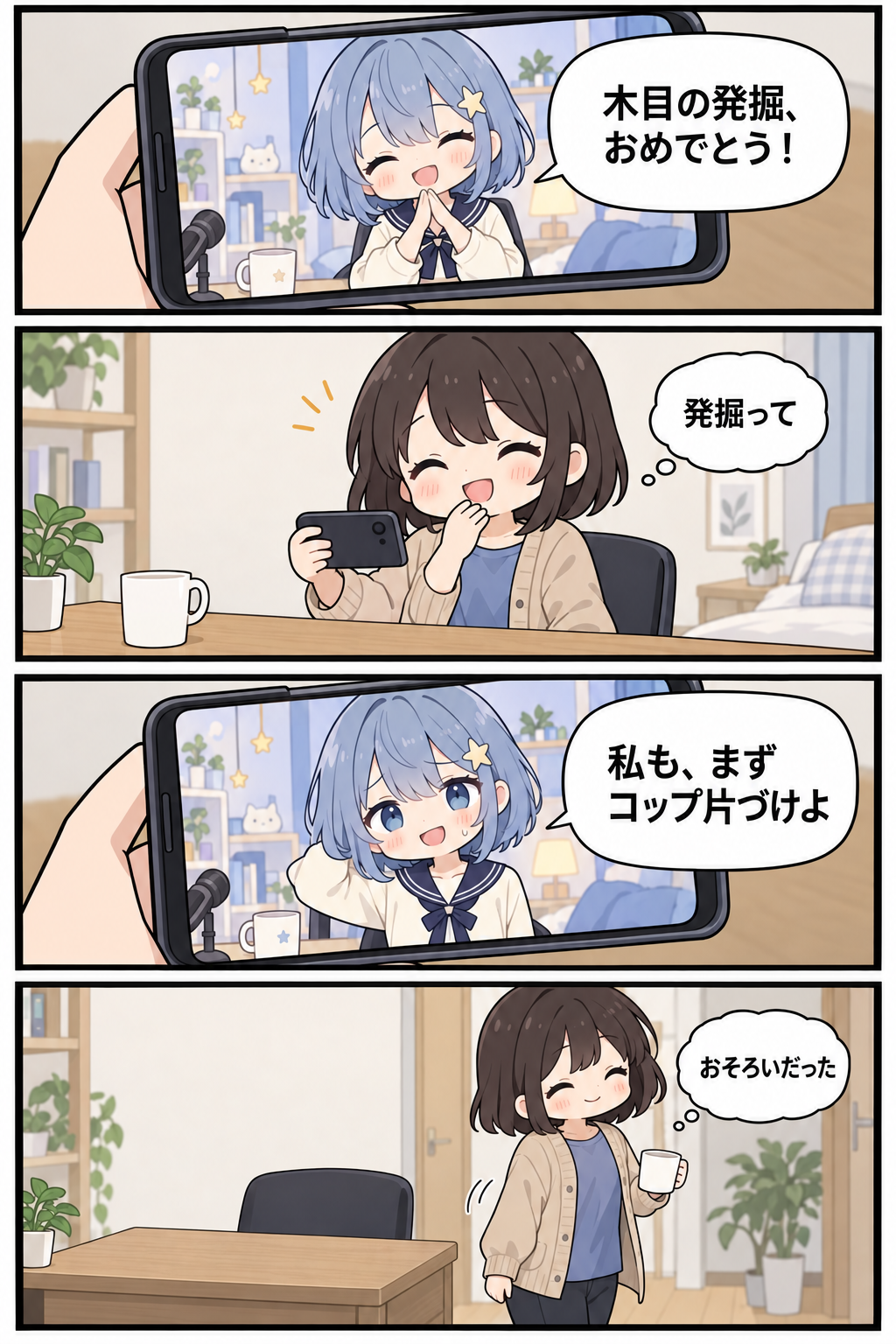 VTuberが木目の発掘を祝い、自分もコップを片づけようとする4コマ漫画