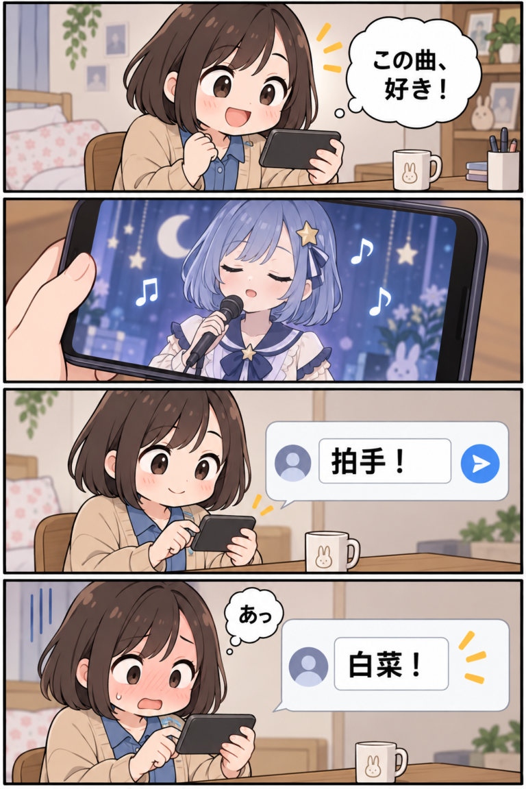 好きな歌への拍手を送ろうとして、間違って白菜と送信してしまうリスナーの4コマ漫画