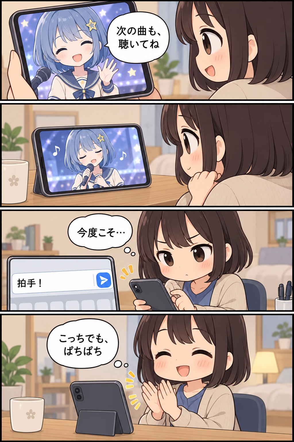 次の曲を聴いたリスナーが正しく拍手と送り、画面の前でも手をたたく4コマ漫画