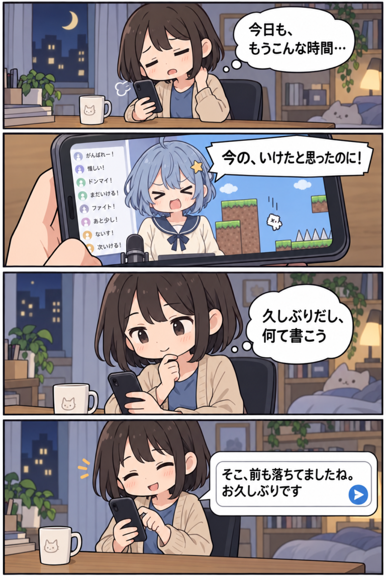 配信を久しぶりに開き、コメントをためらったリスナーが、ゲームの失敗に思わず話しかける4コマ漫画