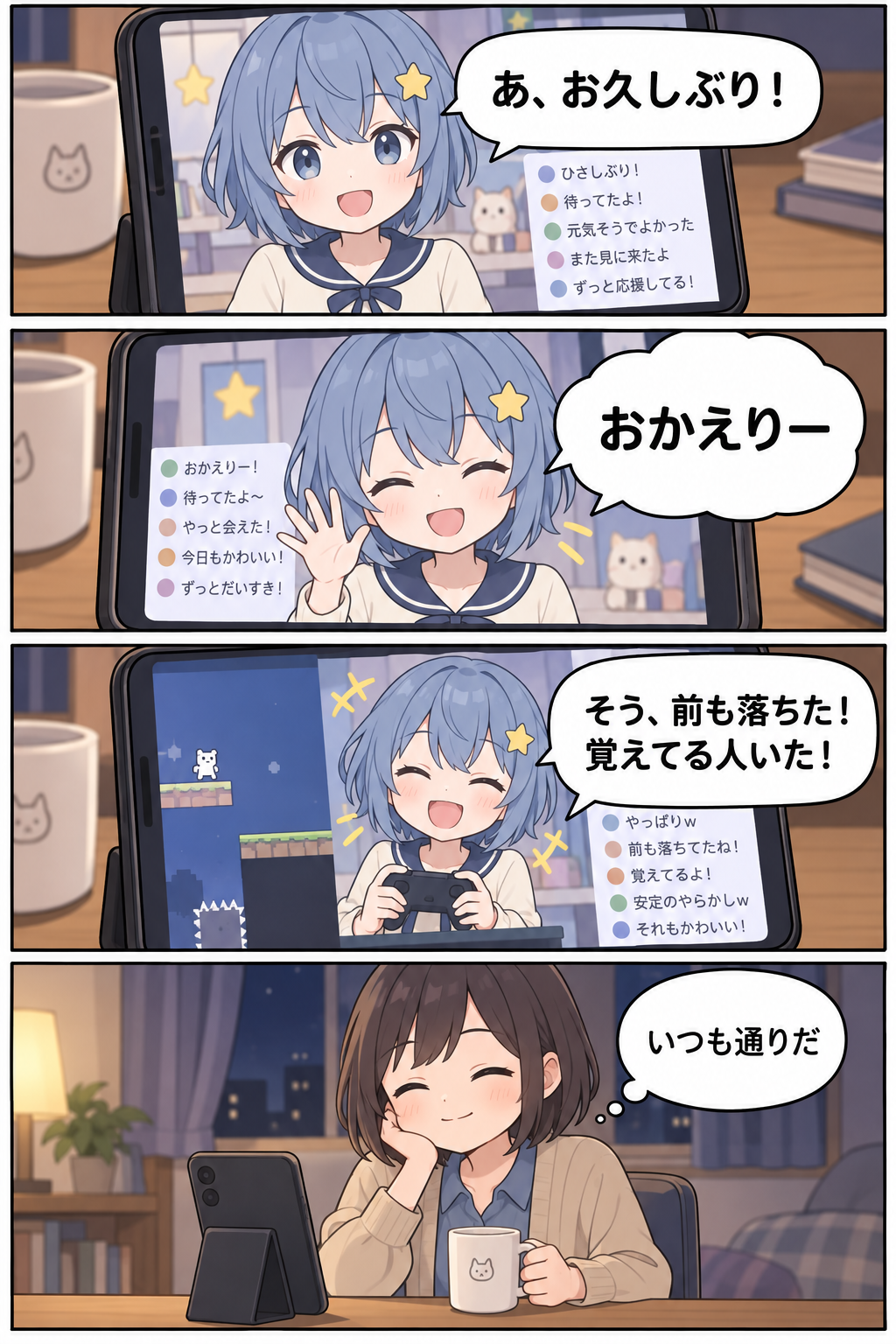 VTuberが久しぶりのリスナーを「おかえりー」と自然に迎え、いつものゲームの話に戻る4コマ漫画