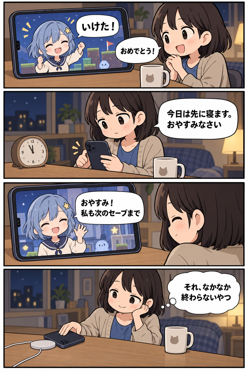 ゲームの成功を一緒に喜び、リスナーが先におやすみを伝えると、VTuberも気軽に応じる4コマ漫画